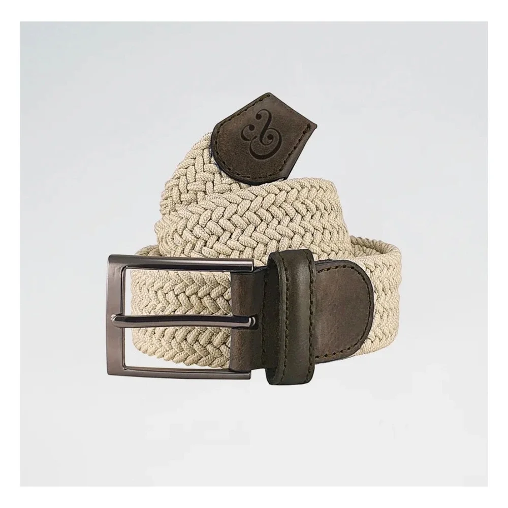 Collars‎ & Co Mens Size XXXL Woven Stretch Belt Beige Leather Trim Golf